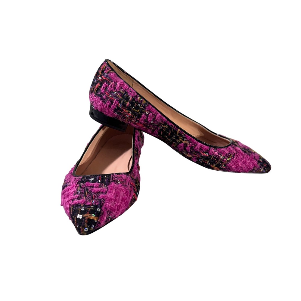 J.Crew Pink Tweed Sequin Pointed Toe Flats Womens 10 Patent Trim Multi Color